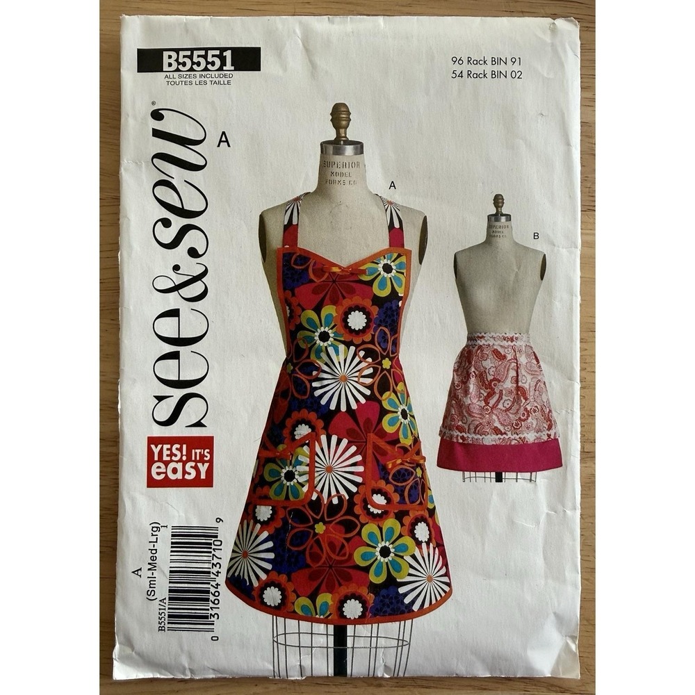 Butterick See and Sew Aprons Pattern B5551 Sizes Small, Medium, Large, 8-18 CUT
